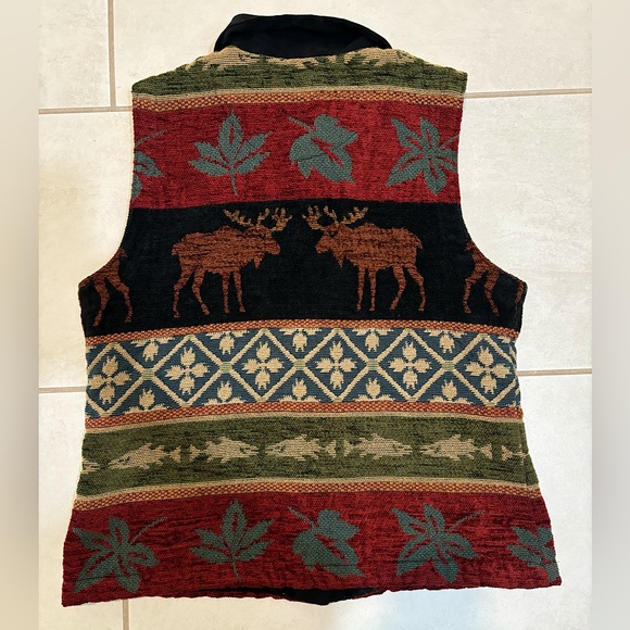 Coldwater Creek Tapestry Cabin Vest Vintage Moose Rustic Velvet Collar Medium - Picture 3 of 4